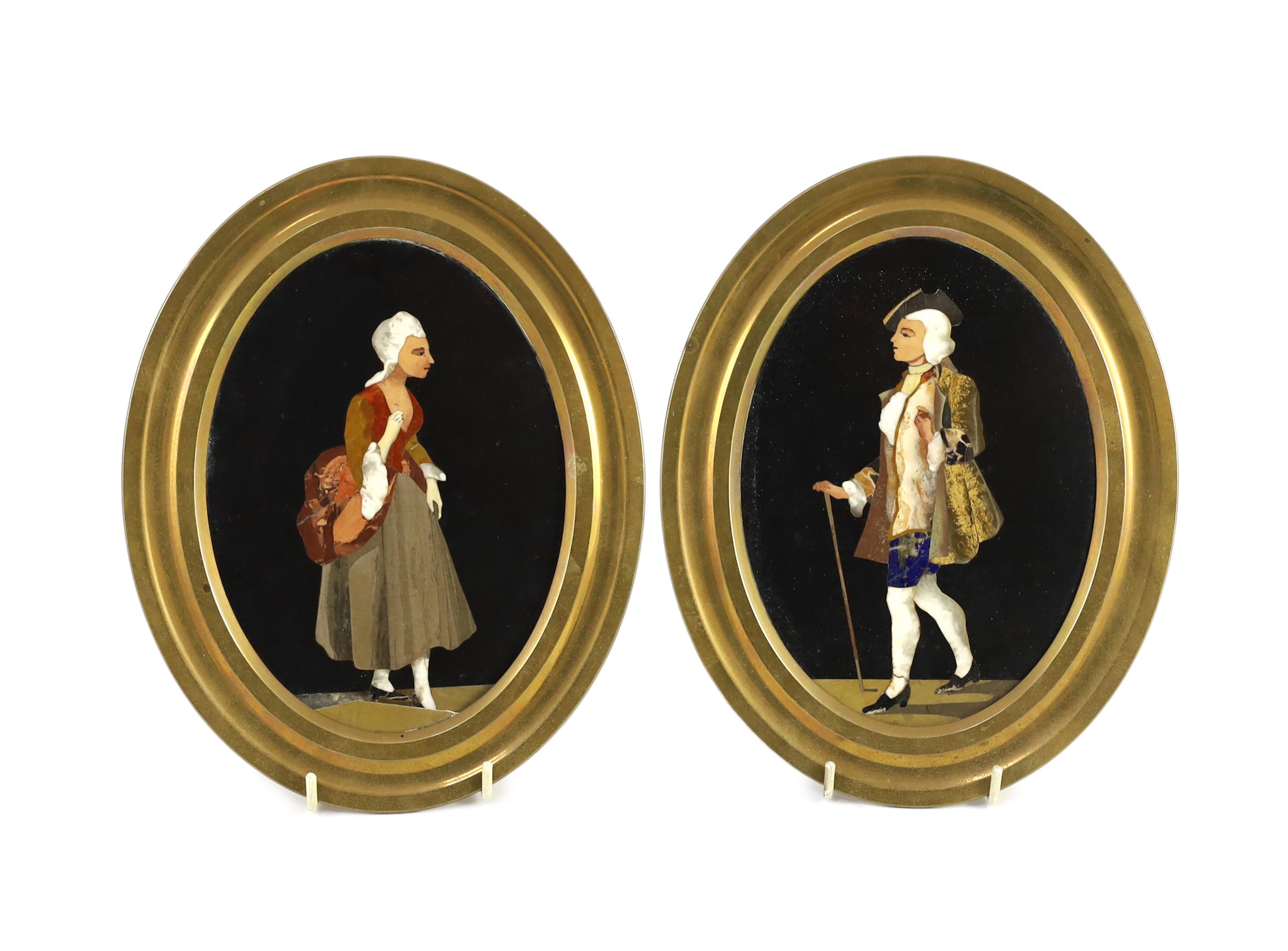 A pair of Italian Pietra Dura plaques of an elegant lady and gentleman, 17 x 12cm, overall 23 x 18cm